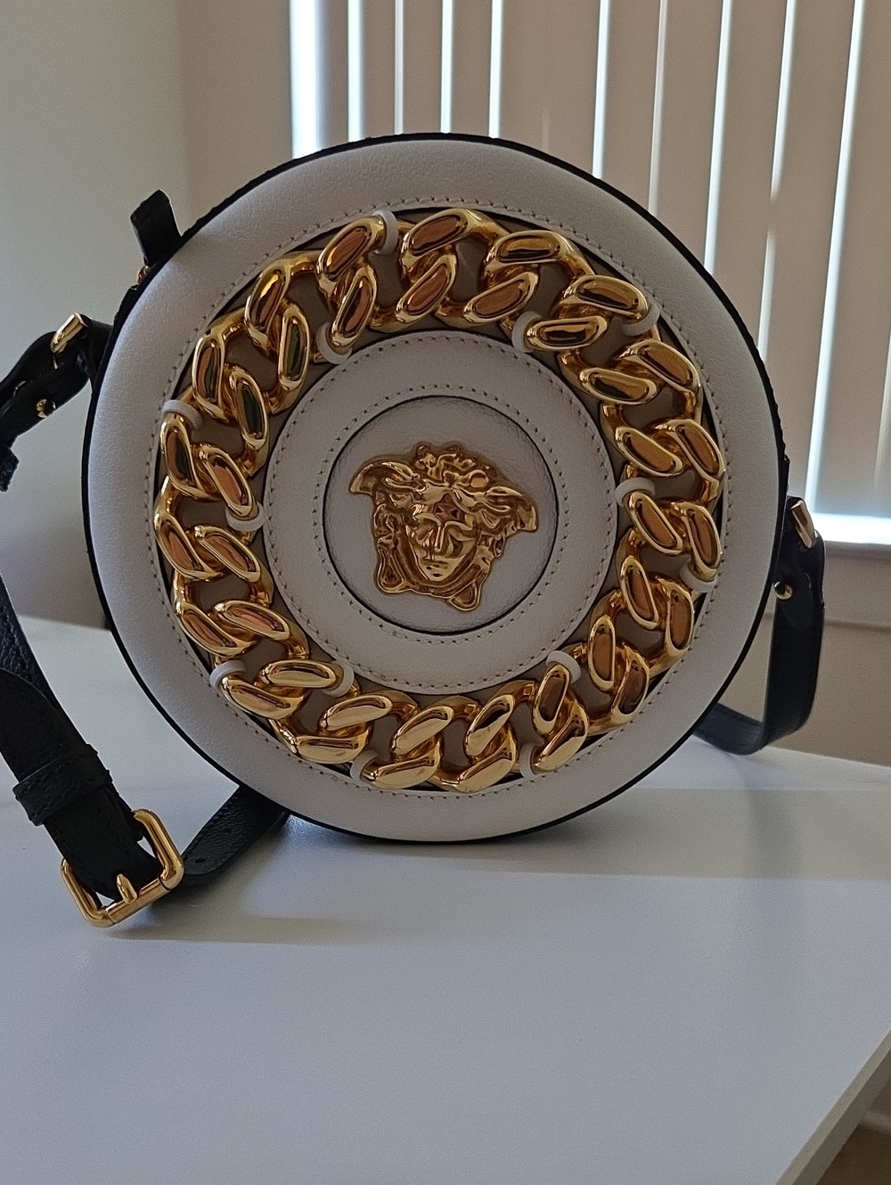 Versace White Round Leather Crossbody with Gold Chain Medallion